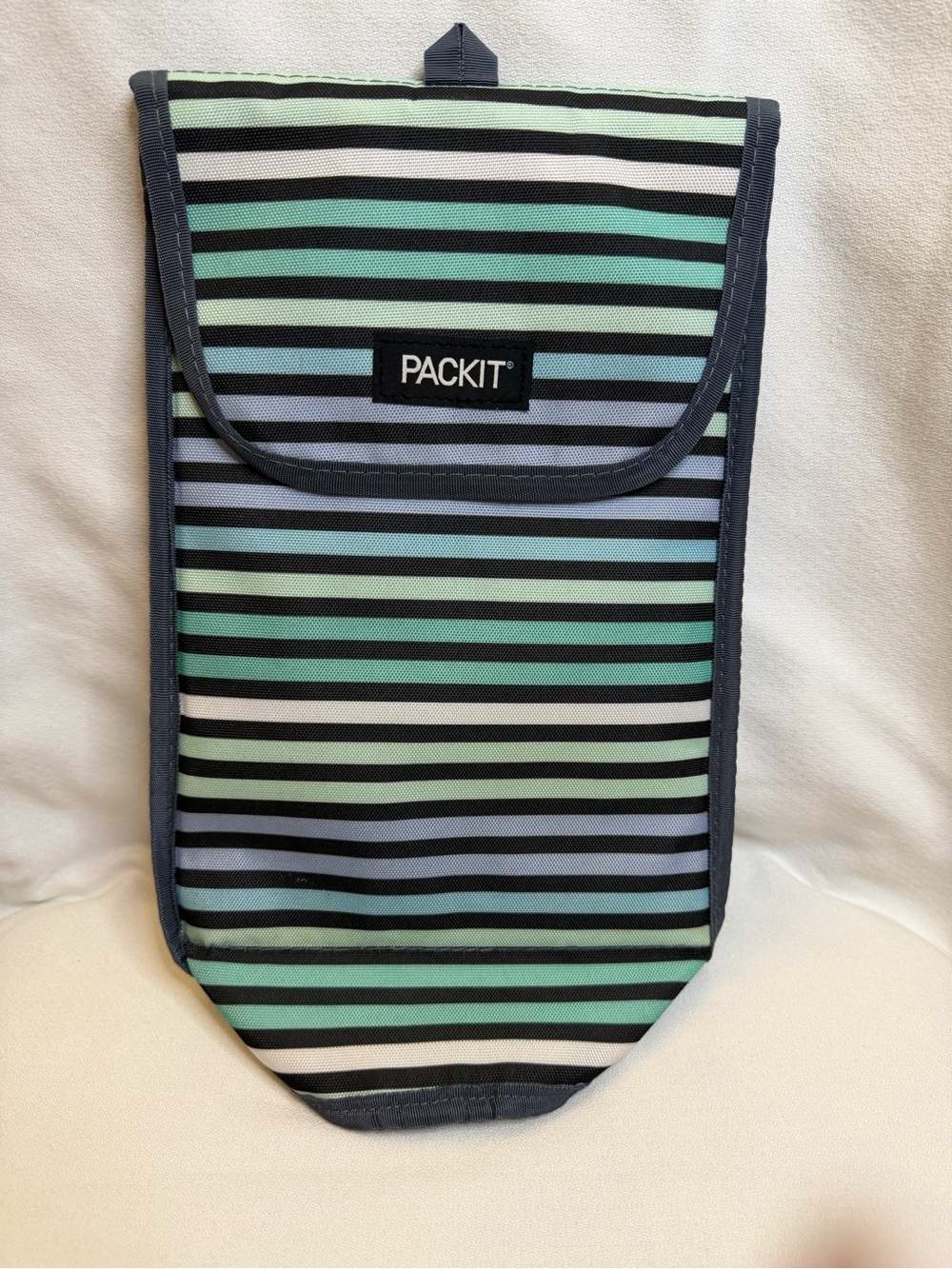 PackIt Freezable Insulated Wine Bottle Cooler Bag Tote Pastel Mint Blue Striped